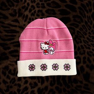 Hello Kitty Pink + White Floral Striped Beanie